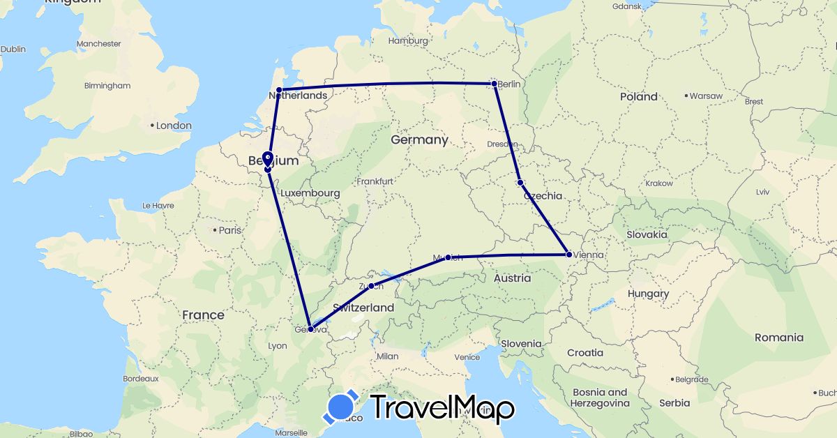 TravelMap itinerary: driving in Austria, Belgium, Switzerland, Czech Republic, Germany, Netherlands (Europe)